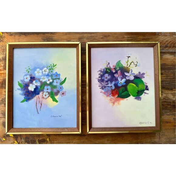 Lot of 2 VTG‎ C. Guerin "82" Flower Framed Art Canvas Painting Signed 9"x 11.5" - Picture 1 of 9
